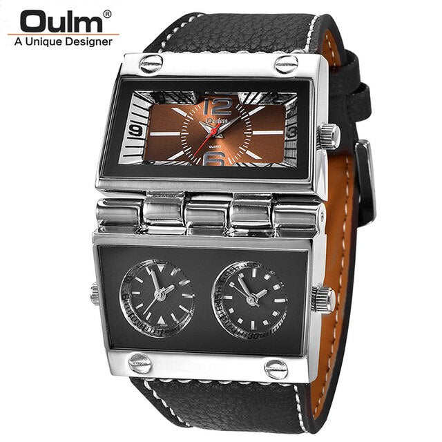 Oulm Sports Quartz Watches Top Luxury Brand Mens Wristwatch Three Time Zone Casual Leather Watch Male relogio masculino