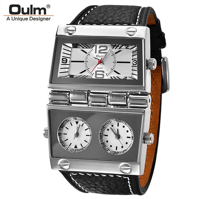 Oulm Sports Quartz Watches Top Luxury Brand Mens Wristwatch Three Time Zone Casual Leather Watch Male relogio masculino