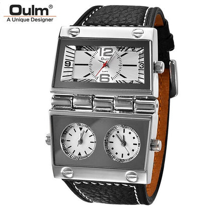 Oulm Sports Quartz Watches Top Luxury Brand Mens Wristwatch Three Time Zone Casual Leather Watch Male relogio masculino