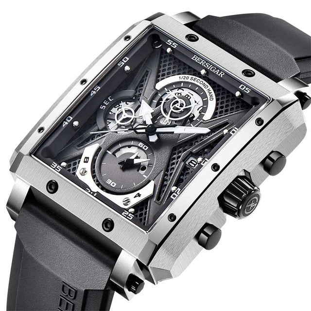 Rectangular Watches for Men BERSIGAR Mens Watch Barrel Type Quartz Fashion Luxury Sports Waterproof Chronograph Silicone Strap