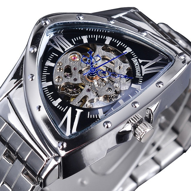 DUNCOUGAR Triangle Skeleton Black Automatic Watch Stainless Steel Men Waterproof Business Sport Irregular Mechanical Wristwatch