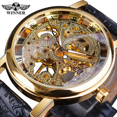 Winner Transparent Golden Case Luxury Casual Design Brown Leather Strap Mens Watches Top Brand Luxury Mechanical Skeleton Watch