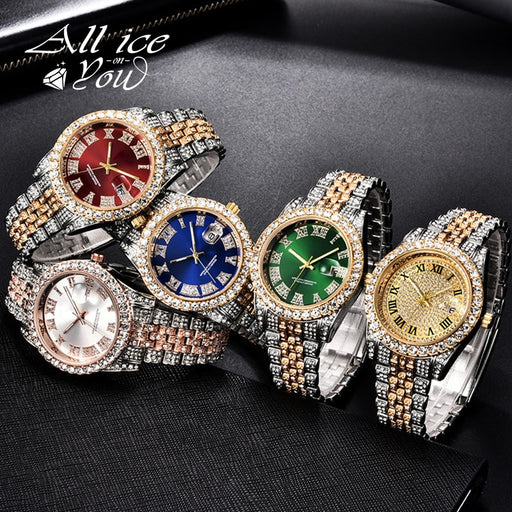 ALLICEONYOU New Gold Silver Color Cubic Zirconia Watches Hip Hop Fashion High Quality Diamond Bracelet Stainless Steel  For Gift