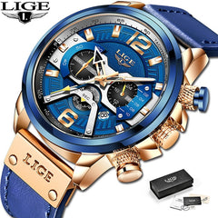 New Mens Watches LIGE Top Brand Leather Chronograph Waterproof Sport Automatic Date Quartz Watch For Men Relogio Masculino