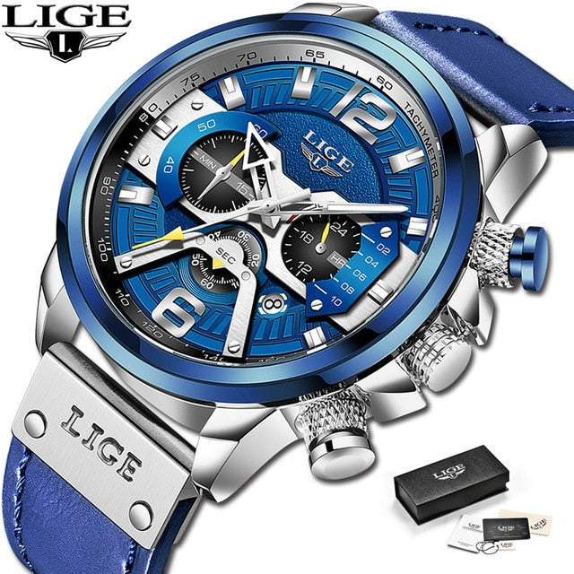 New Mens Watches LIGE Top Brand Leather Chronograph Waterproof Sport Automatic Date Quartz Watch For Men Relogio Masculino