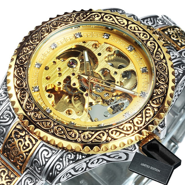 WINNER Gold Skeleton Mechanical Watch Men Automatic Retro Royal Clock Stainless Steel Strap Wrist Watches Top Brand Luxury