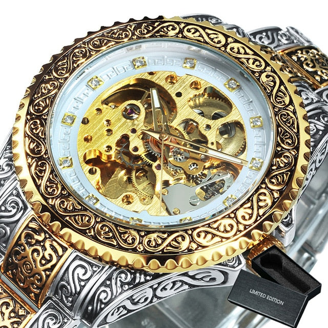 WINNER Gold Skeleton Mechanical Watch Men Automatic Retro Royal Clock Stainless Steel Strap Wrist Watches Top Brand Luxury