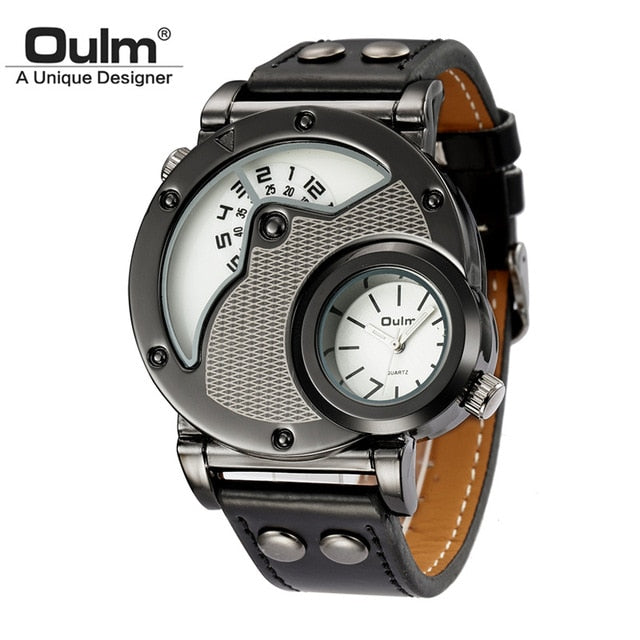 Oulm Two Time Zone Sports Wristwatch Military Army Men's Casual PU Leather Strap Antique Designer Quartz Watch Male Clock
