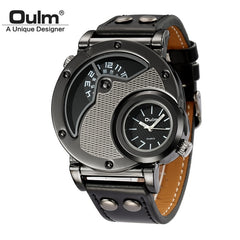 Oulm Two Time Zone Sports Wristwatch Military Army Men's Casual PU Leather Strap Antique Designer Quartz Watch Male Clock