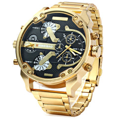 Big Watch Men Luxury Golden Steel Watchband Men's Quartz Watches Dual Time Zone Military Relogio Masculino Casual Clock Man XFCS