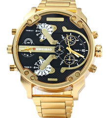 Big Watch Men Luxury Golden Steel Watchband Men's Quartz Watches Dual Time Zone Military Relogio Masculino Casual Clock Man XFCS