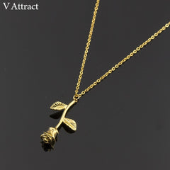 V Attract Silver Collier Femme Stainless Steel Long Chain Collier Pink Rose Flower Statement Necklace Women Jewelry Maxi Choker