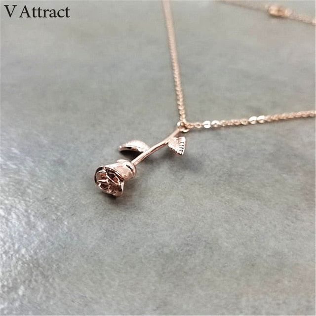 V Attract Silver Collier Femme Stainless Steel Long Chain Collier Pink Rose Flower Statement Necklace Women Jewelry Maxi Choker