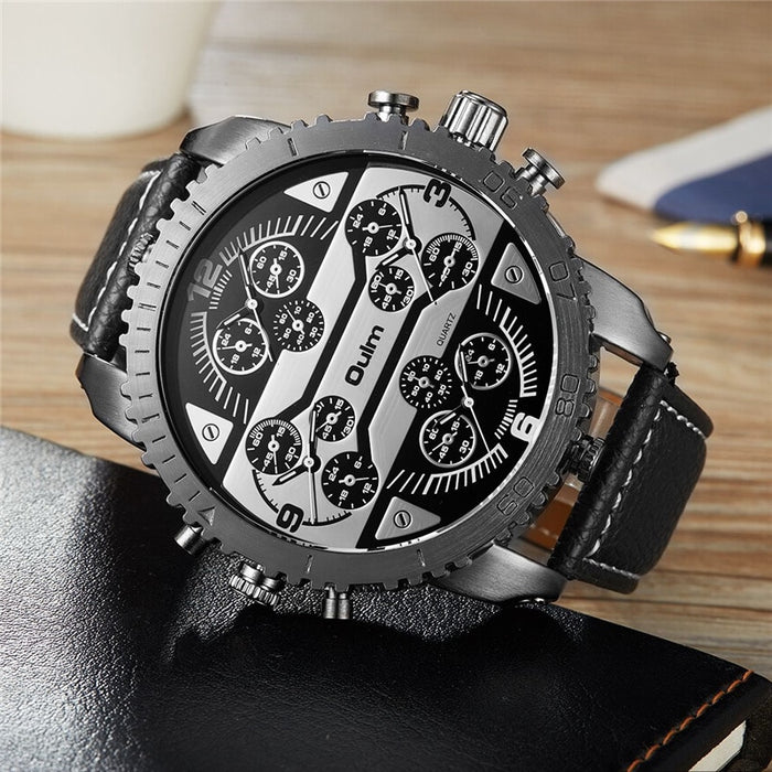 Oulm Super Large Big Dial Men Watches 4 Time Zone Small Dials for Decoration Quartz Watch Casual Leather Sport Men's Wristwatch
