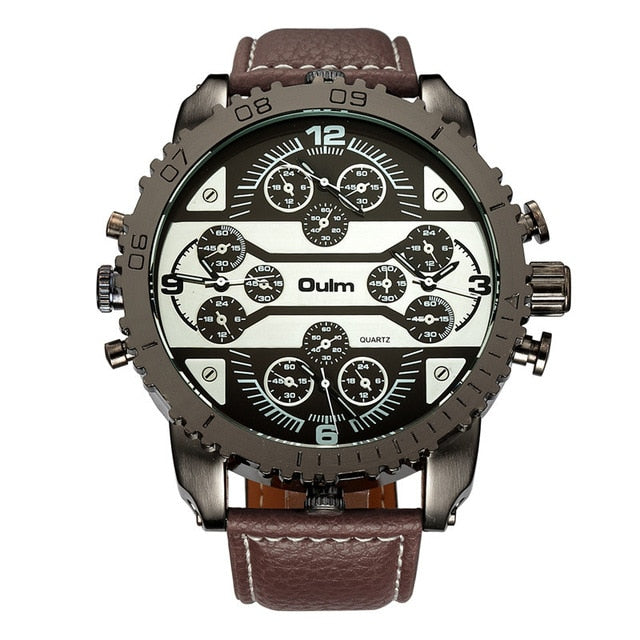 Oulm Super Large Big Dial Men Watches 4 Time Zone Small Dials for Decoration Quartz Watch Casual Leather Sport Men's Wristwatch