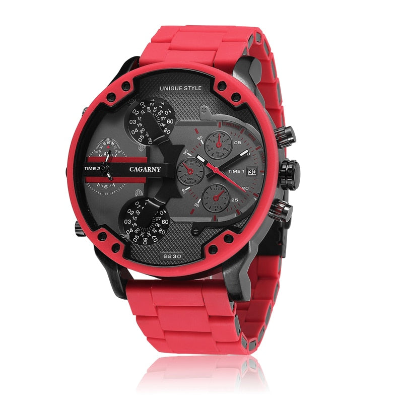 Classic Red Quartz Watch Men Luxury Brand Cagarny Dual Times Miltiary Relogio Masculion Silicone Steel Band Sports Wristwatches
