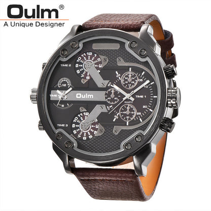 Oulm Brand Super Big Dial Men's Watches Dual Time Zone Watch Casual PU Leather Luxury Brand Men Quartz Wristwatch