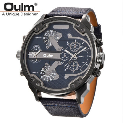 Oulm Brand Super Big Dial Men's Watches Dual Time Zone Watch Casual PU Leather Luxury Brand Men Quartz Wristwatch