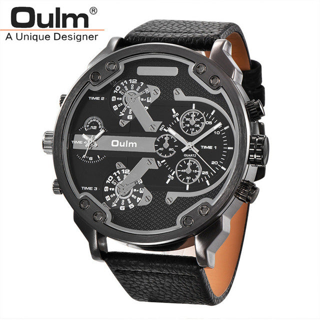 Oulm Brand Super Big Dial Men's Watches Dual Time Zone Watch Casual PU Leather Luxury Brand Men Quartz Wristwatch