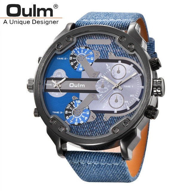 Oulm Brand Super Big Dial Men's Watches Dual Time Zone Watch Casual PU Leather Luxury Brand Men Quartz Wristwatch