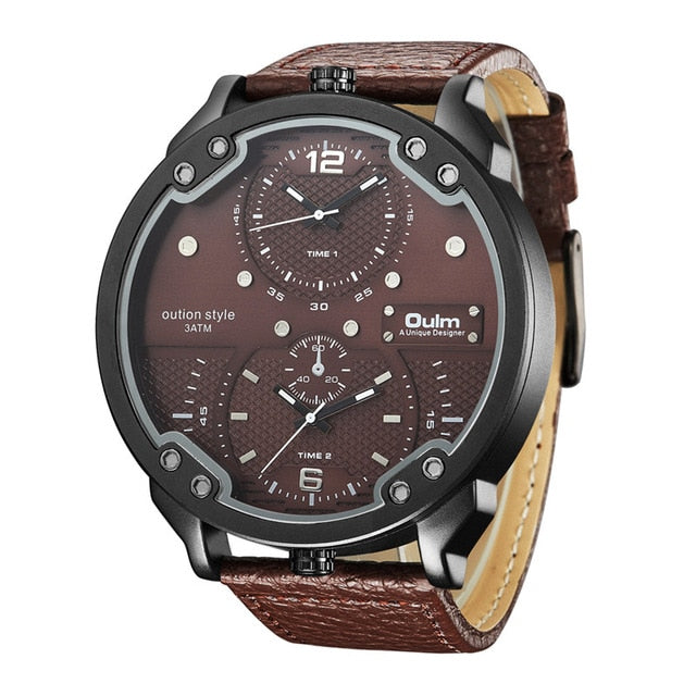 Oulm Men's Casual Sports Watches Unique Design Big Watch Male Leather Strap Quartz