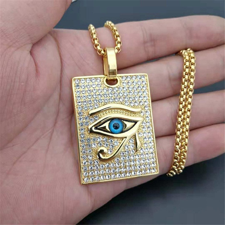 Ancient Egypt The Eye Of Horus Pendant Necklaces Gold Color Stainless Steel Square Necklaces Iced Out Bling Jewelry Dropshipping