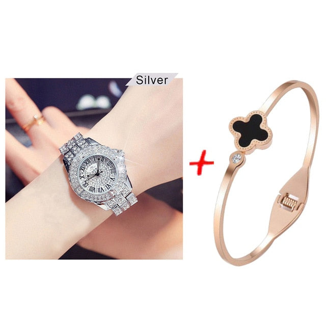 New Luxury Rhinestone Bracelet Watch Women Diamond Fashion Ladies Rose Gold Dress Watch Stainless Steel Crystal Wristwatch Clock
