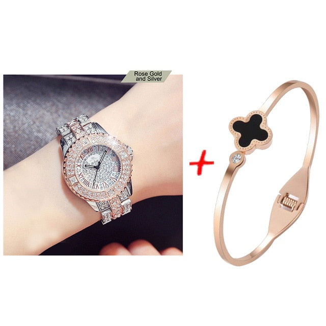 New Luxury Rhinestone Bracelet Watch Women Diamond Fashion Ladies Rose Gold Dress Watch Stainless Steel Crystal Wristwatch Clock