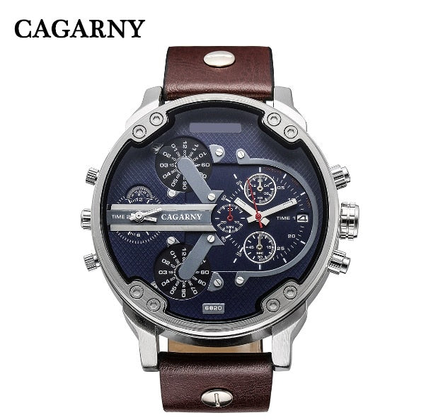Classic Big Case Analog Quartz Watch For Men Luxury Brand Cagarny Dual Times Miltiary Relogio Masculino Black Leather Strap Saat