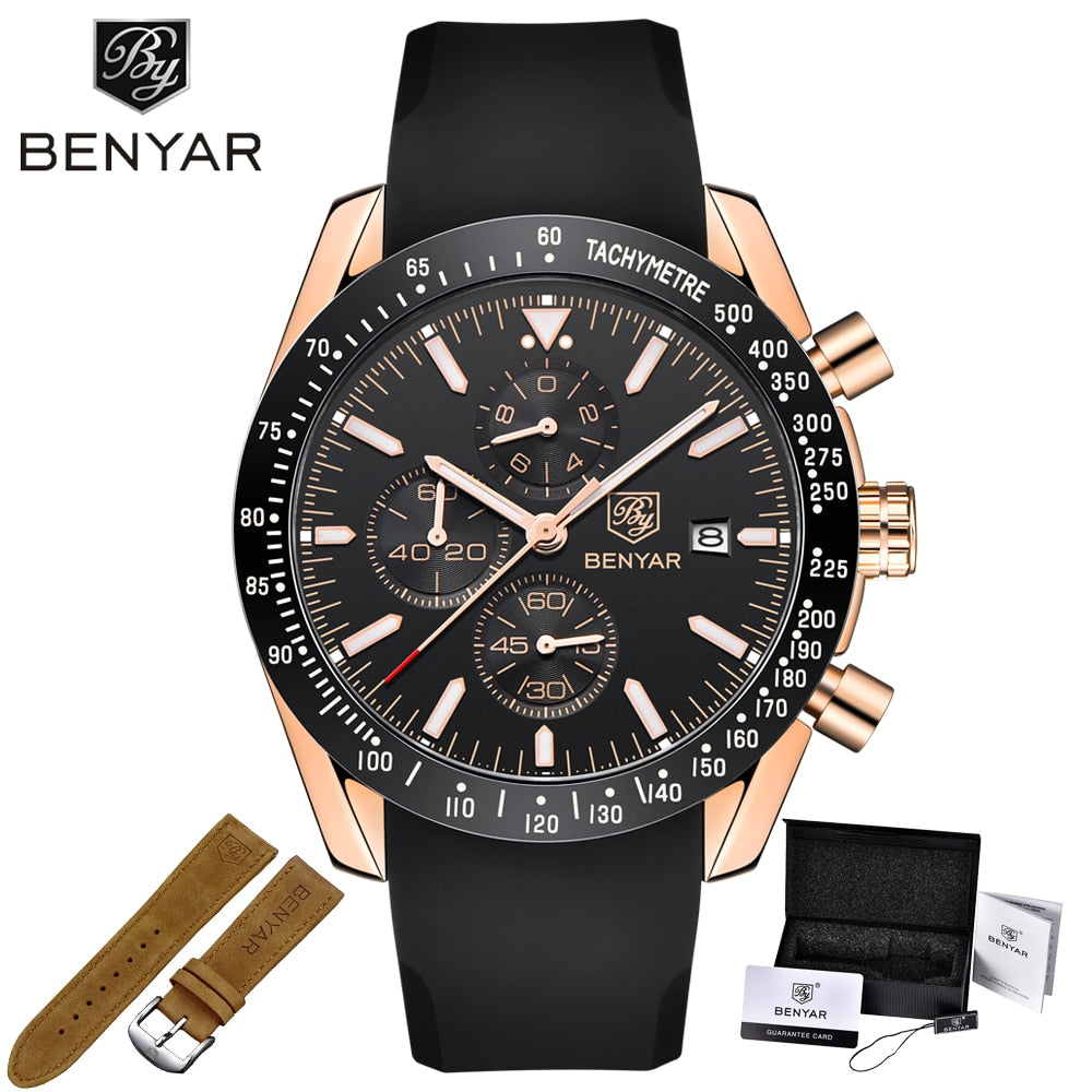 BENYAR Men Watches Brand Luxury Silicone&Steel Band Wristwatches Man Leather Chronograph Quartz Military Watch Relogio Masculino