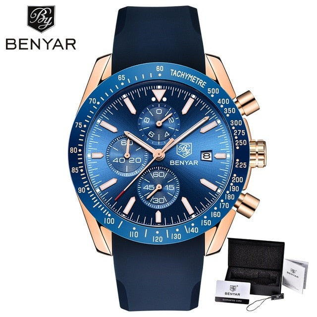 BENYAR Men Watches Brand Luxury Silicone&Steel Band Wristwatches Man Leather Chronograph Quartz Military Watch Relogio Masculino