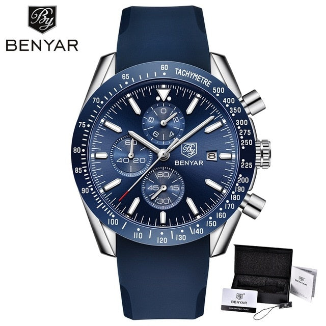 BENYAR Men Watches Brand Luxury Silicone&Steel Band Wristwatches Man Leather Chronograph Quartz Military Watch Relogio Masculino