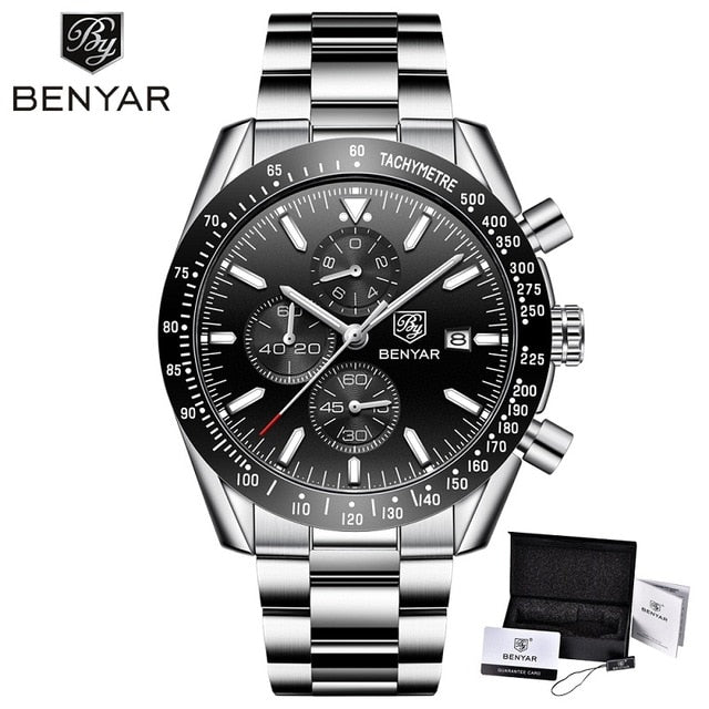 BENYAR Men Watches Brand Luxury Silicone&Steel Band Wristwatches Man Leather Chronograph Quartz Military Watch Relogio Masculino