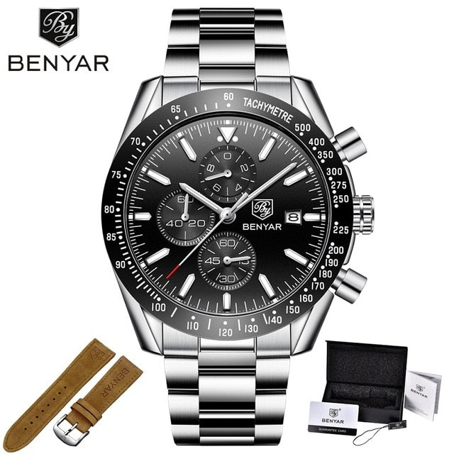 BENYAR Men Watches Brand Luxury Silicone&Steel Band Wristwatches Man Leather Chronograph Quartz Military Watch Relogio Masculino